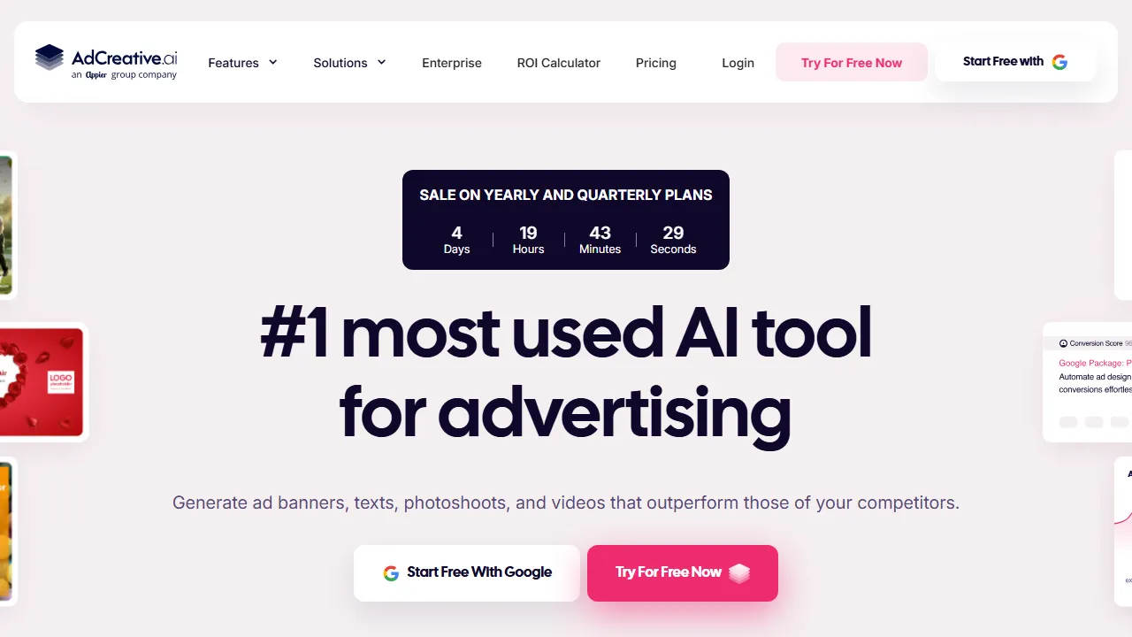 AdCreative.ai Oberfläche-Screenshot zeigt das Haupt-Dashboard