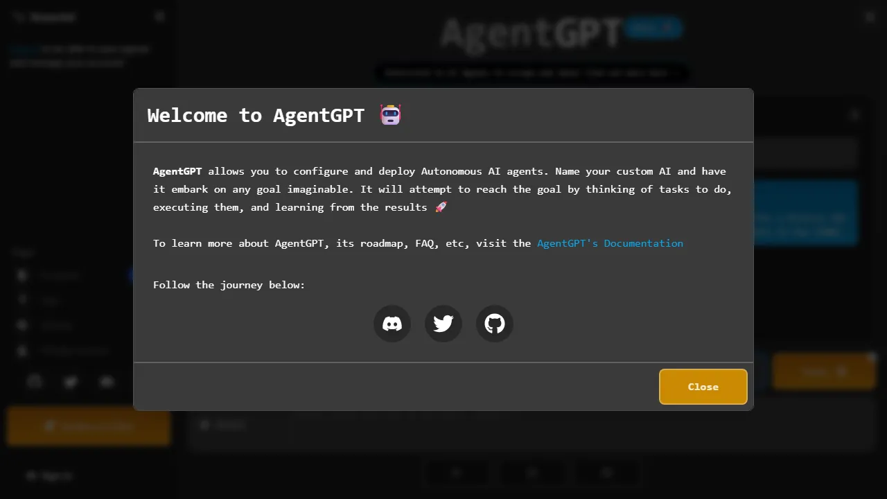 AgentGPT Oberfläche-Screenshot zeigt das Haupt-Dashboard