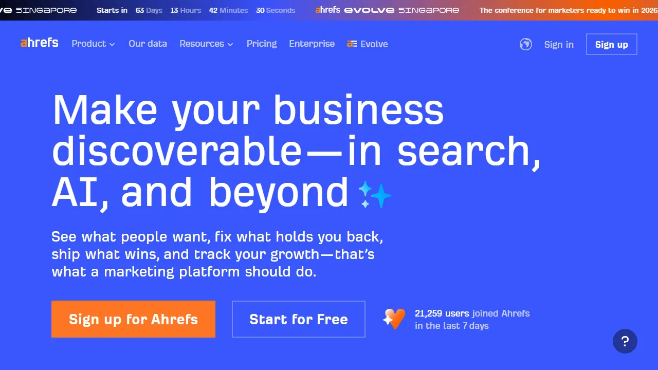 Ahrefs Oberfläche-Screenshot zeigt das Haupt-Dashboard