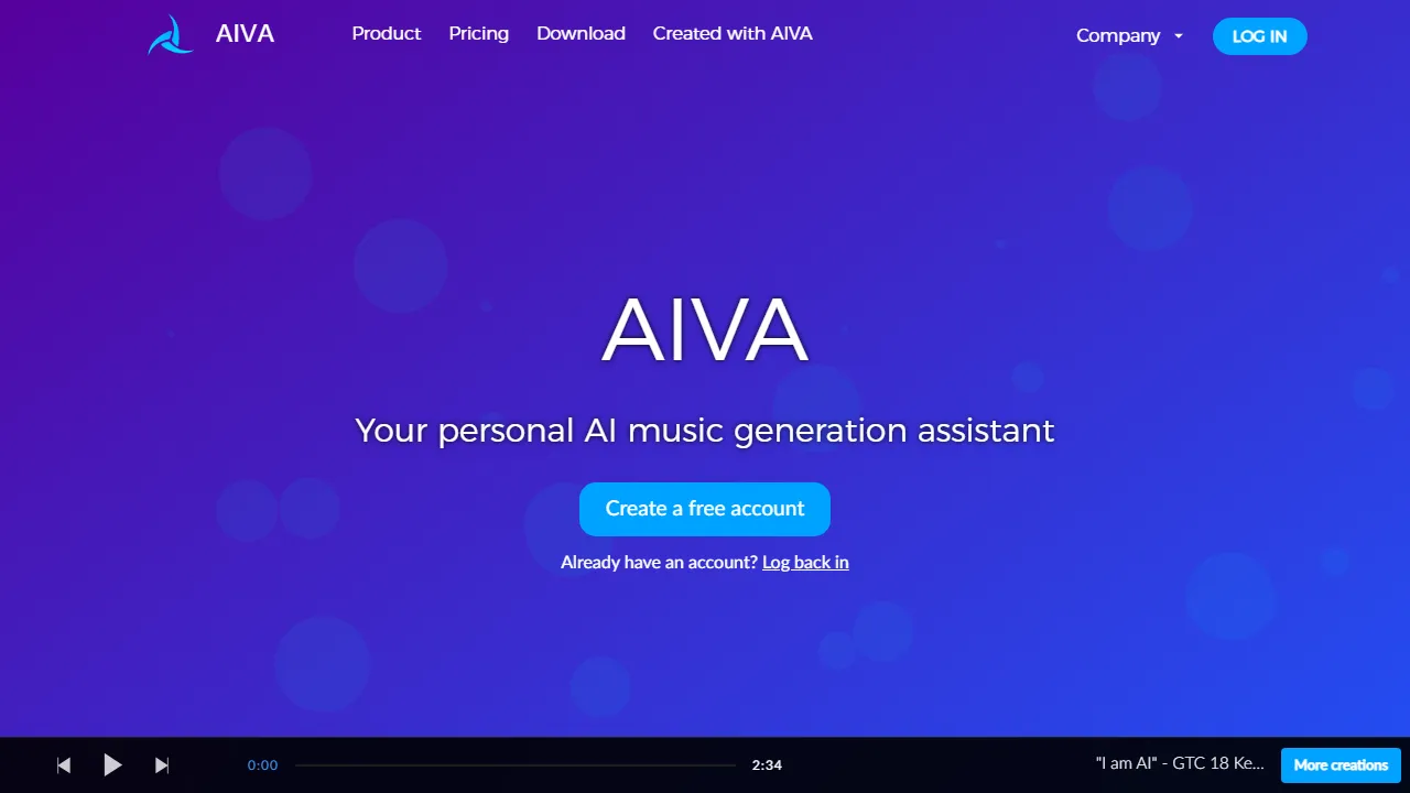 AIVA Oberfläche-Screenshot zeigt das Haupt-Dashboard