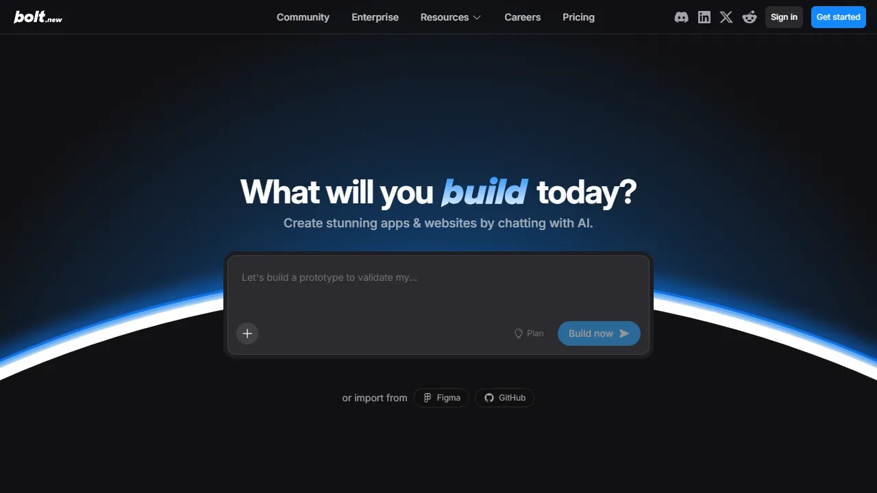 Bolt.new Oberfläche-Screenshot zeigt das Haupt-Dashboard