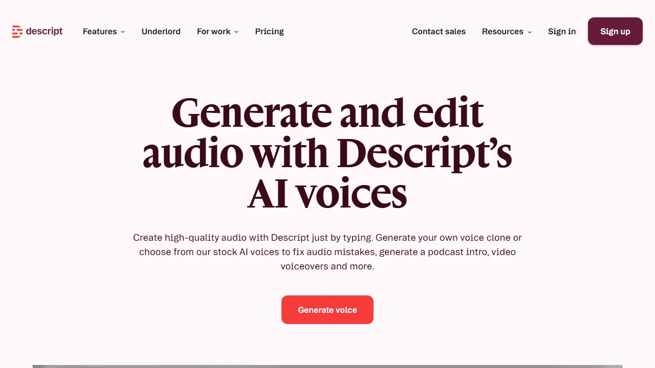 Descript AI Voice Oberfläche-Screenshot zeigt das Haupt-Dashboard