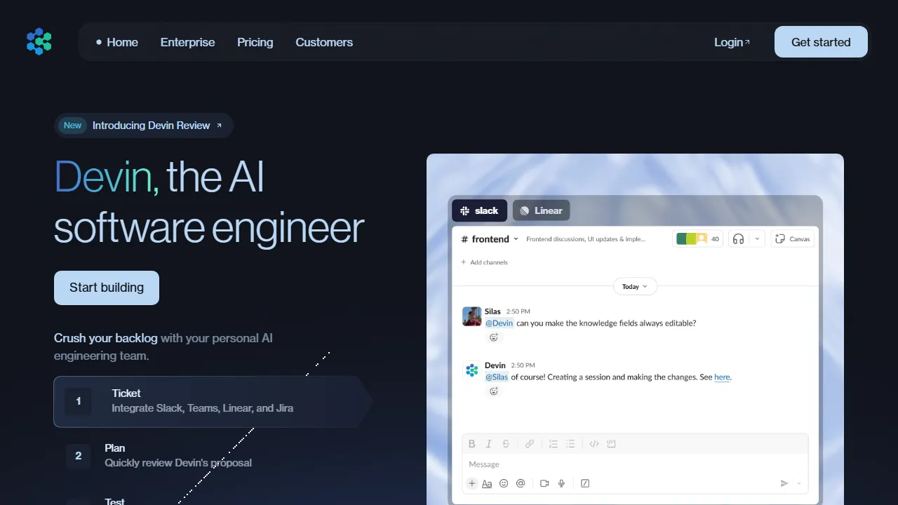 Devin Oberfläche-Screenshot zeigt das Haupt-Dashboard