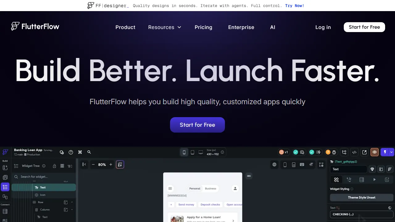 FlutterFlow Oberfläche-Screenshot zeigt das Haupt-Dashboard