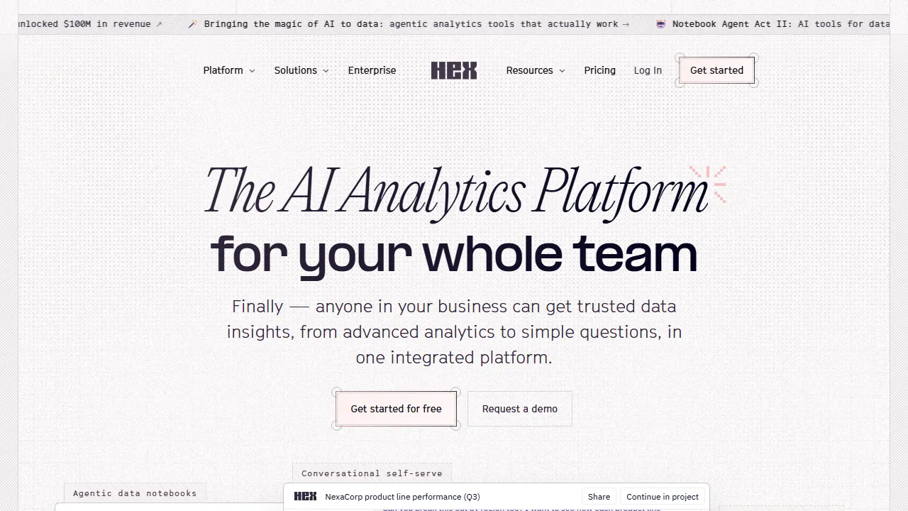Hex AI Oberfläche-Screenshot zeigt das Haupt-Dashboard