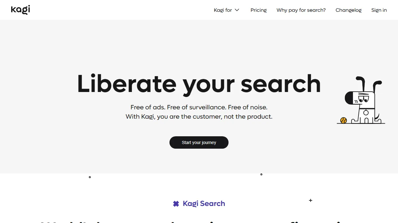 Kagi Search Oberfläche-Screenshot zeigt das Haupt-Dashboard