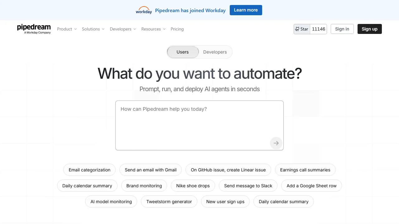 Pipedream Oberfläche-Screenshot zeigt das Haupt-Dashboard