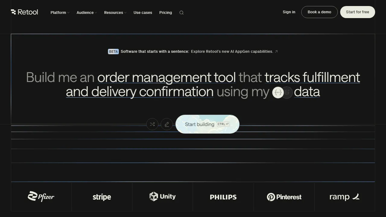 Retool AI Oberfläche-Screenshot zeigt das Haupt-Dashboard