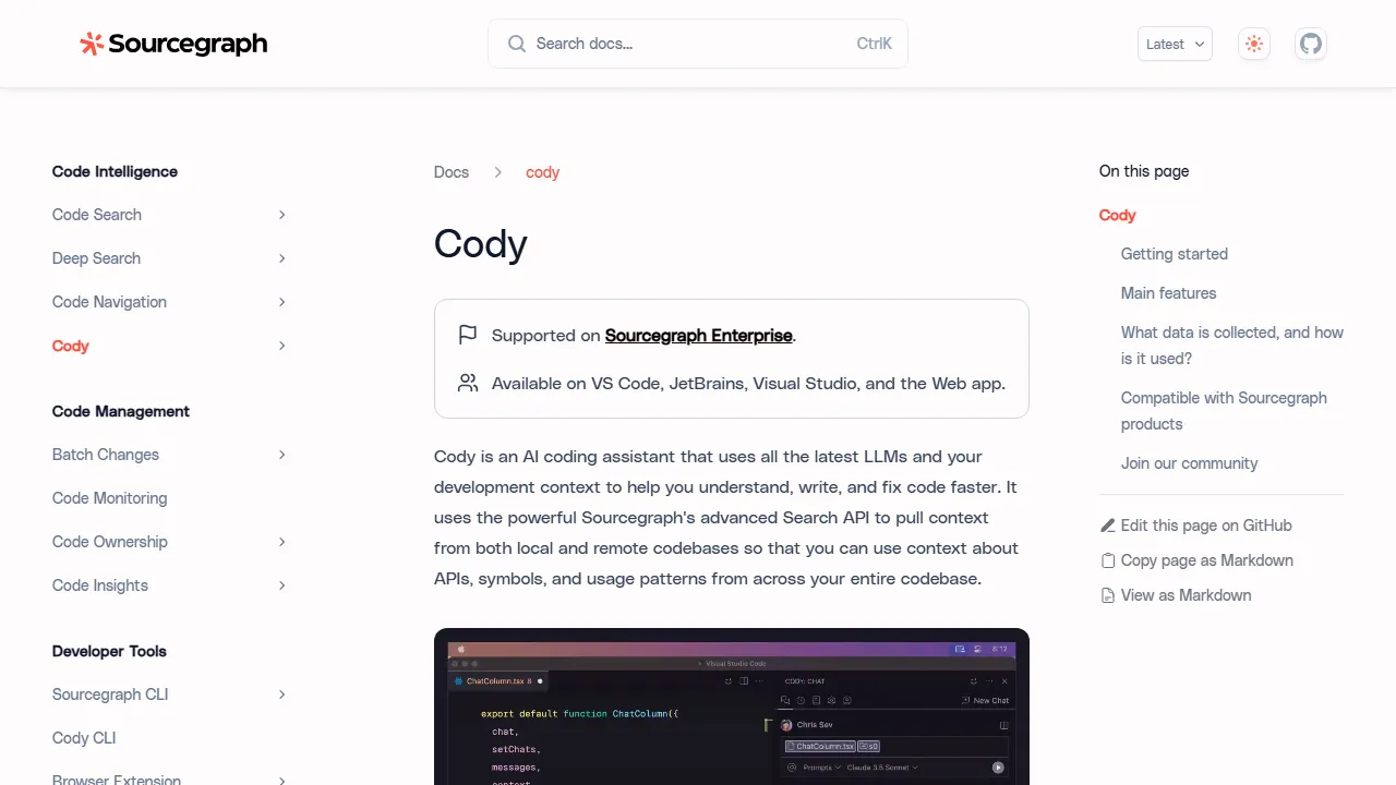 Sourcegraph Cody Oberfläche-Screenshot zeigt das Haupt-Dashboard