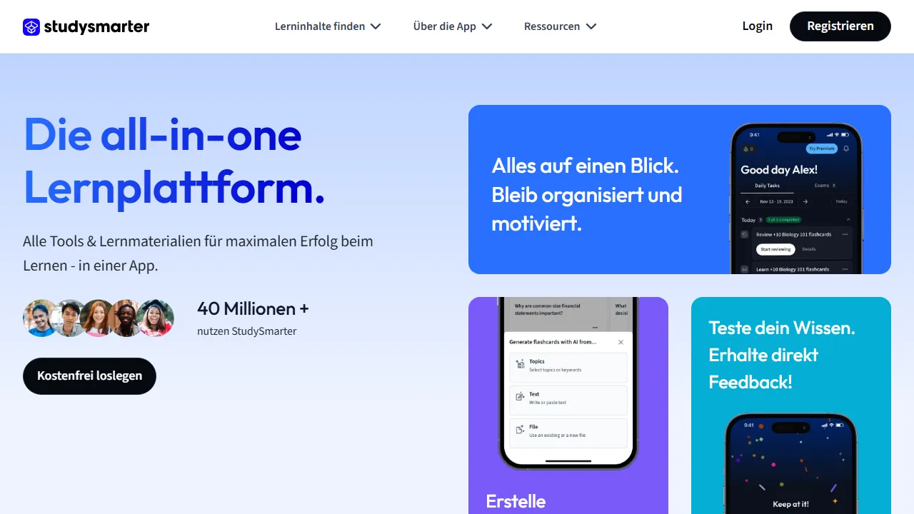 StudySmarter Oberfläche-Screenshot zeigt das Haupt-Dashboard