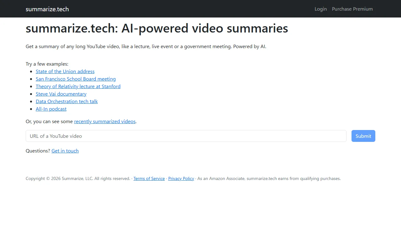 Summarize.tech Oberfläche-Screenshot zeigt das Haupt-Dashboard