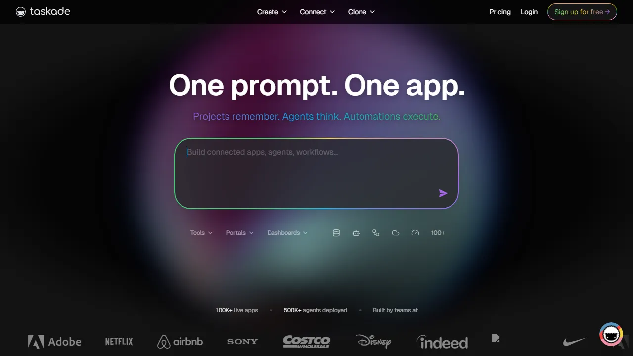 Taskade AI Oberfläche-Screenshot zeigt das Haupt-Dashboard