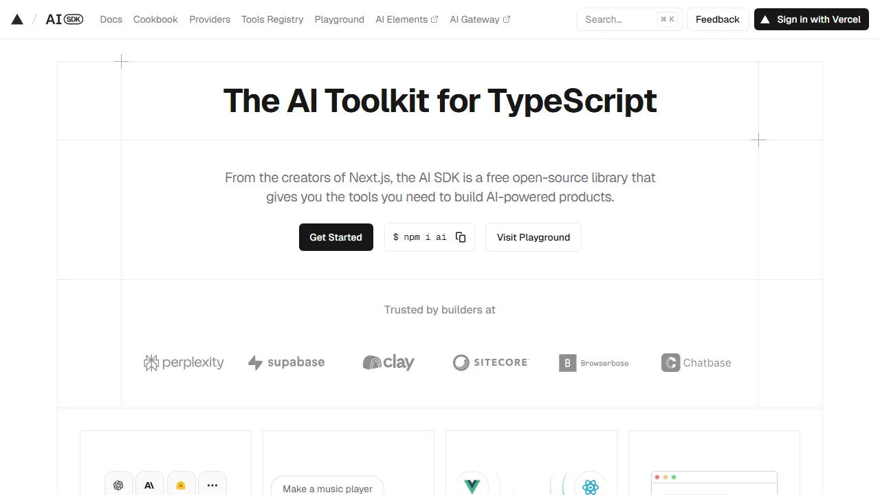 Vercel AI SDK Oberfläche-Screenshot zeigt das Haupt-Dashboard